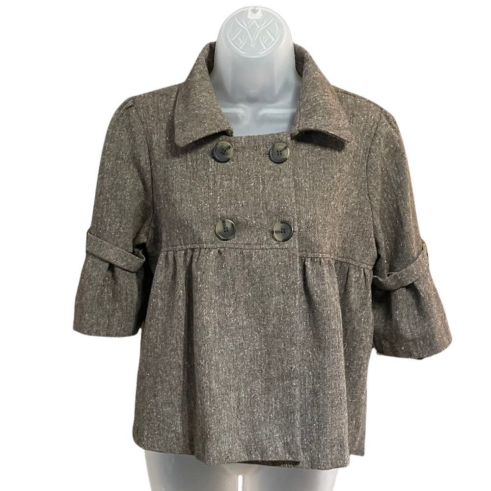 SOPHIE & KATE cropped 3/4 sleeve pea coat 30% wool brown with white specs sz Lg